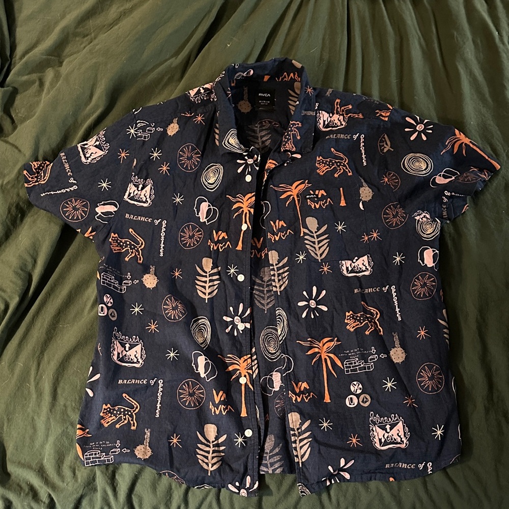 RVCA Men's Navy and Orange Patterned Shirt